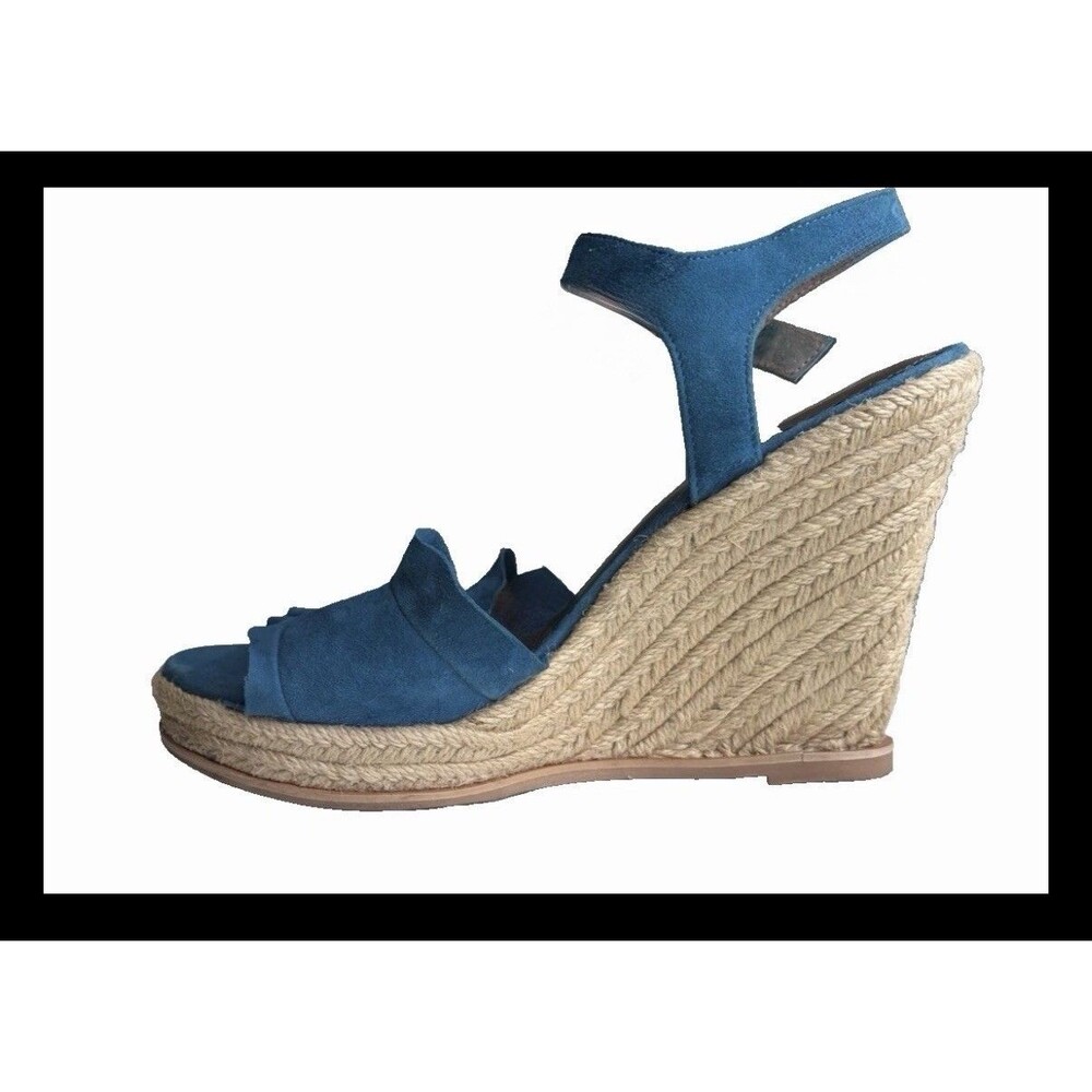 Naughty Monkey Blue Leather Espadrille Wedge Sandals Ruffle Ankle Strap US 8 - Picture 3 of 9